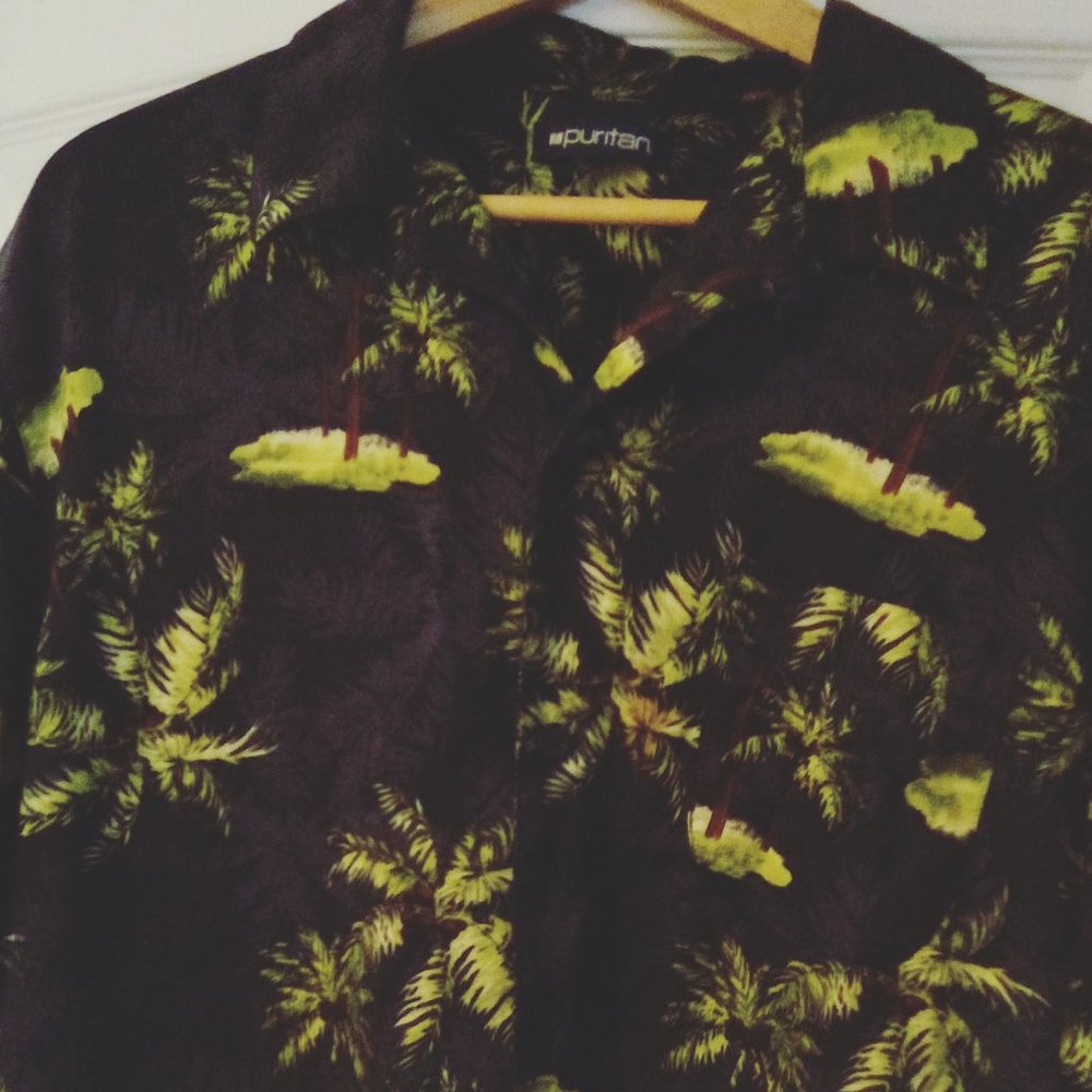 Puritan Black with Green Palm Trees Pattern Hawaiian Shirt men’s size L